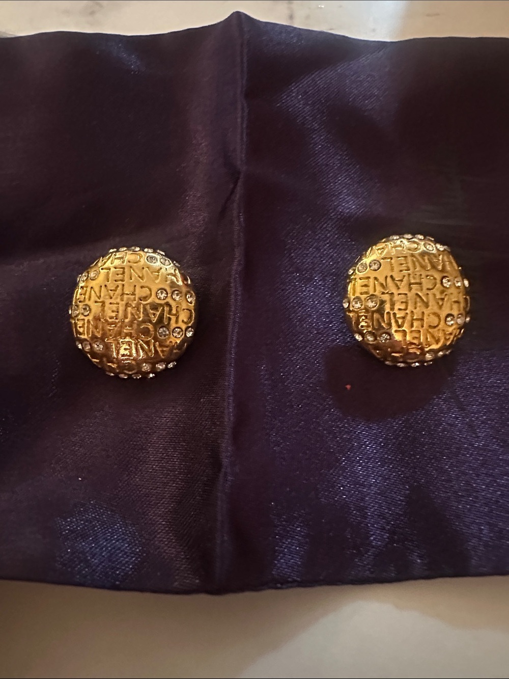 CHANEL Gold Embossed Logo Vintage Button Earrings With Rhinestones
